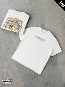 LOONEY TUNES X SHEIN PAVTROS 男士休闲度假通勤趣味卡通字母印花落肩宽松白色T恤 - 白色 - 查看 5