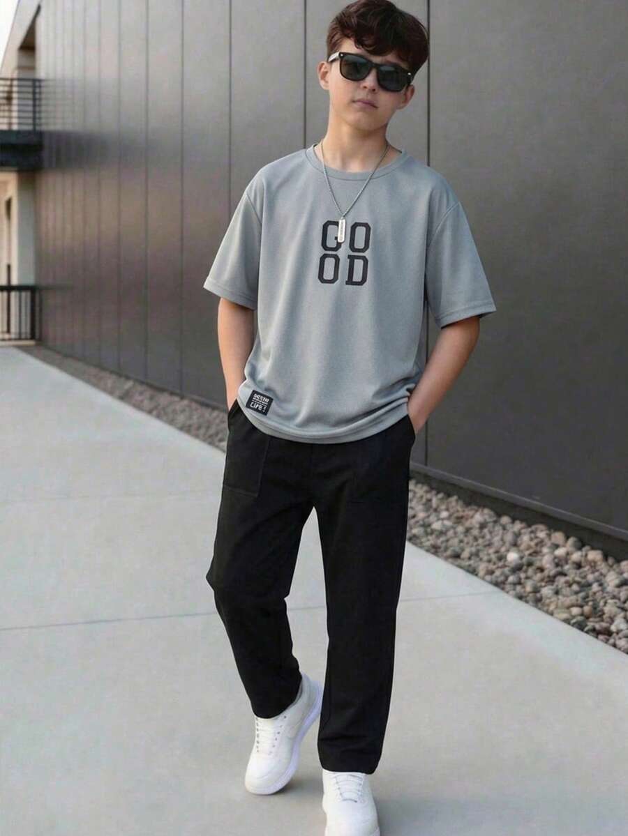 SHEIN 青少年男孩 2件/套 休閒舒適百搭對比字母圖案印花短袖上衣與長褲套裝，適合春/夏，日常穿著、運動、外出、學校、派對、節慶、拍照