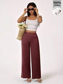 SHEIN PETITE 100% Washed Cotton Low Waist Straight Pants ,Petite Women - Brown - View 5