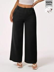 SHEIN PETITE Celana Panjang Lurus Pinggang Rendah 100% Katun Cuci, Wanita Bertubuh Mungil - Hitam - View 2