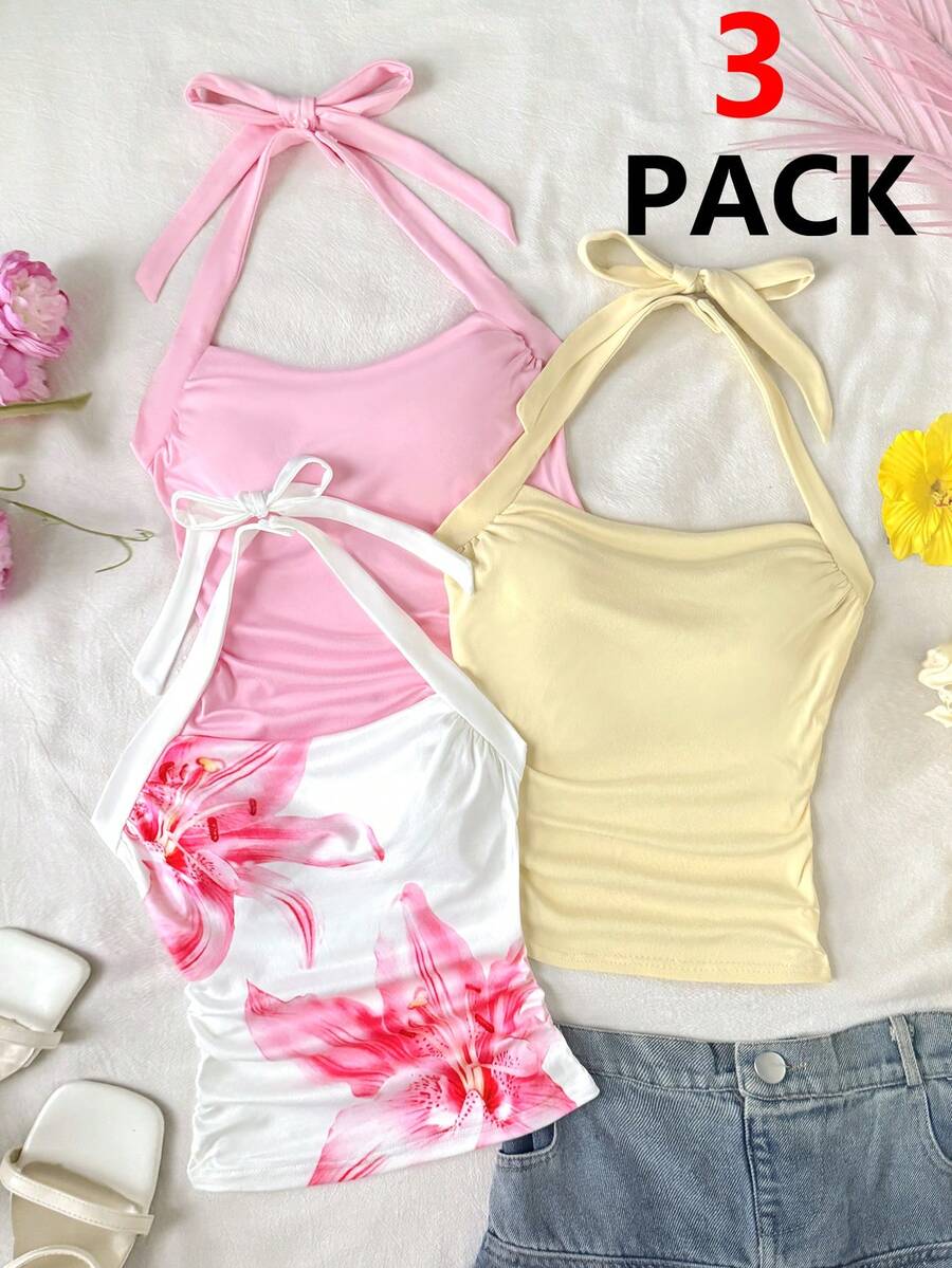 SHEIN 少女三件套:优雅沙滩度假休闲针织印花吊带露背背心 - 彩色 - 查看 1