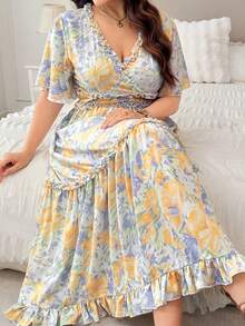 Modelyn Women's Spring/Summer Ditsy Floral Ruffle Hem Deep V-Neck Sexy Plus Size Dress - Multicolor - View 1