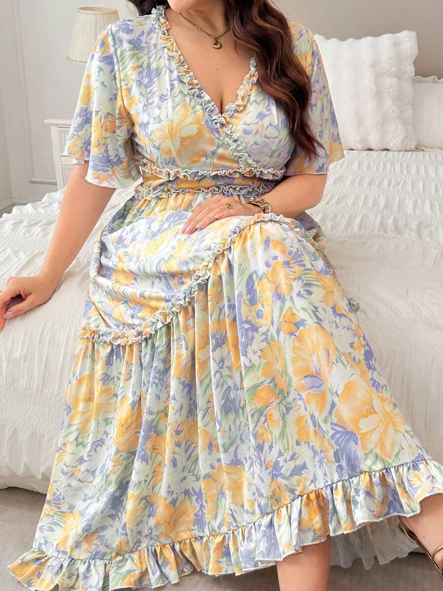 Modelyn Women's Spring/Summer Ditsy Floral Ruffle Hem Deep V-Neck Sexy Plus Size Dress - Multicolor - View 1