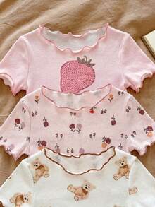 SHEIN LMoss Kids 女嬰熊/草莓/花卉印花荷葉邊上衣與長褲家居服 3套 6件組 - 彩色 - 查看 5