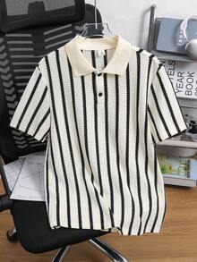 SHEIN Striped Crochet Teen Boys' Casual Polo Shirt, Comfortable, Fashionable & Versatile For Beach Vacation, School, Daily Wear, And Spring/Summer - Multicolor - View 2