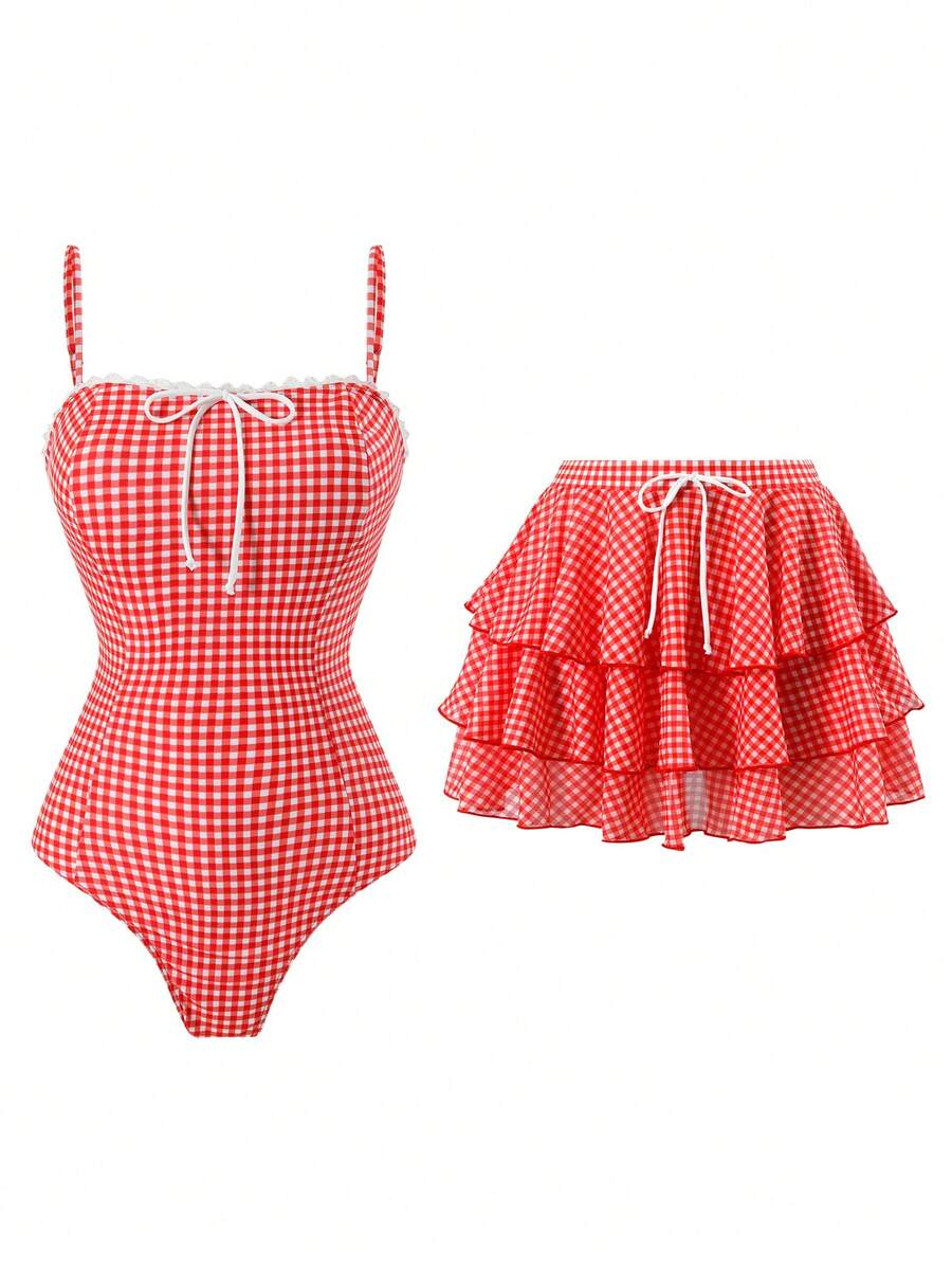Swim Oasis 夏季海灘女款兩件套 1件式咖啡色格紋印花平口荷葉邊連身泳衣 + 網紗層次裙 優雅海濱泳裝套裝 - 紅色 - 查看 1