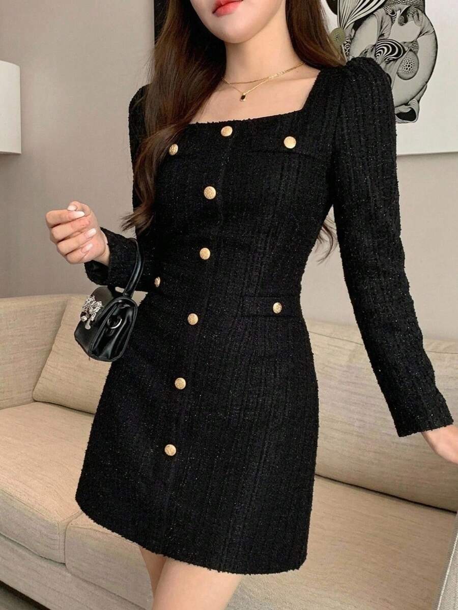 DAZY Square Neck Textured Button Women's Short Dress - Black - View 1