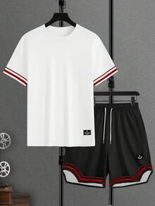 Manfinity CasualCool 男士運動休閒圓領短袖字母貼布設計條紋印花T恤與抽繩短褲套裝 - 彩色 - 查看 5