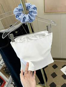 Franclia 夏日風情女款時尚百搭扶桑花印花抹胸上衣、扶桑花牛仔紋理印花抹胸上衣、牛仔效果抹胸上衣、適合日常穿著的抹胸上衣 - 藍色 - 查看 2