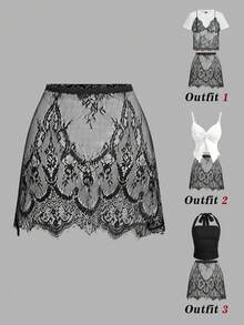 SHEIN MOD Saia curta versátil de renda da moda para mulher - Preto - Ver 3