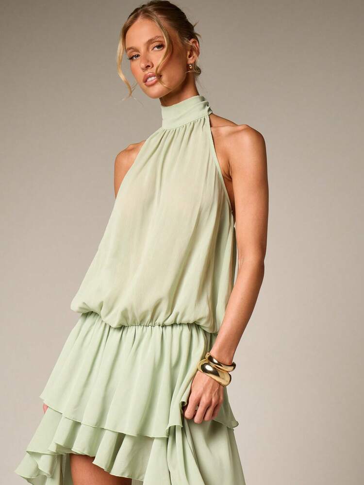 AiiRZ Sage Green Halter Neck Asymmetric Ruffled High Low Chiffon Maxi Dress With Tiered Layers For Special Occasions Party Wedding Guest Prom