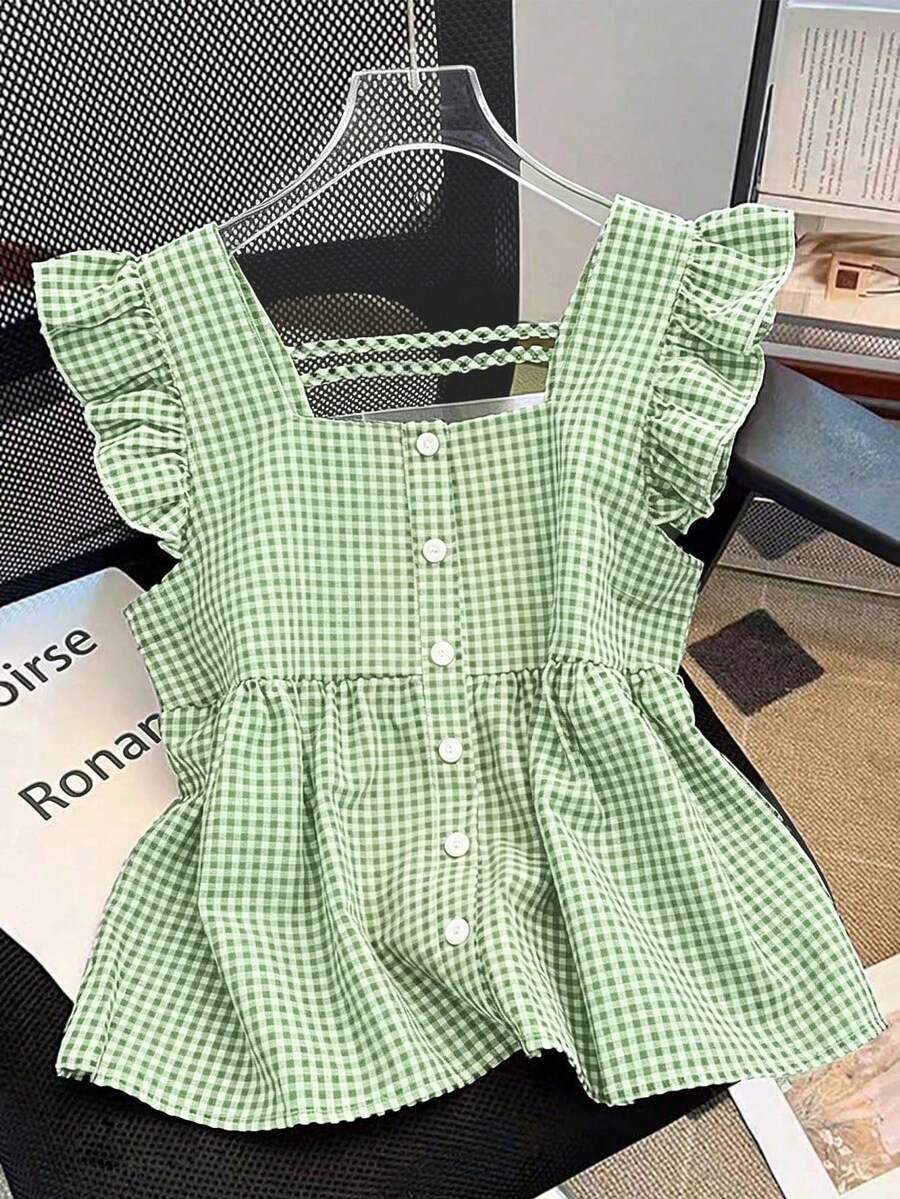 SHEIN Franclia 2026新款女春夏季系列復古學院風Y2K美學黑白格紋短袖荷葉邊飾方領全開襟襯衫,可調節交叉後背帶,荷葉邊收腰修身顯瘦,透氣輕盈柔軟舒適面料,時尚柔美上衣,適合休閒日常、夏季度假、週末出遊、海邊散步、早午餐聚會、可愛約會與街頭穿搭 - 薄荷綠 - 查看 1