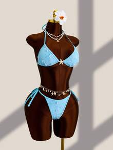 Zestiva 2pcs/Set Spring/Summer Halter Neck Solid Color Sequin Sexy Hot Bikini Swimsuit - Blue - View 6