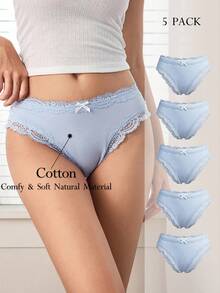 Ocili 5 chiếc/gói Quần lót nữ cạp thấp, màu trơn, chất liệu cotton mềm mại, viền ren, kiểu dáng thanh lịch, thoải mái mùa thu. - Màu xanh bụi bặm - Xem 1