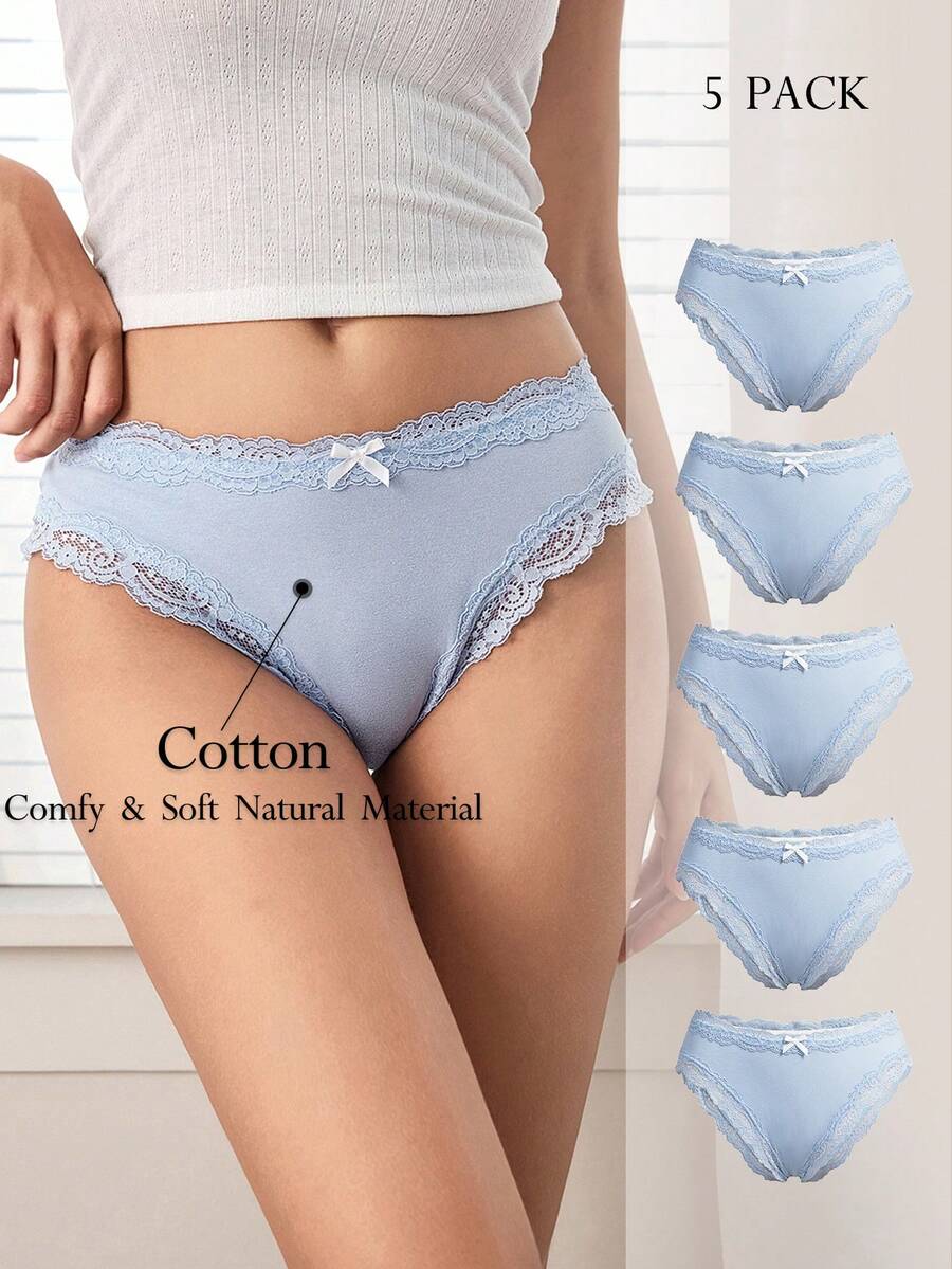 Ocili 5 chiếc/gói Quần lót nữ cạp thấp, màu trơn, chất liệu cotton mềm mại, viền ren, kiểu dáng thanh lịch, thoải mái mùa thu. - Màu xanh bụi bặm - Xem 1