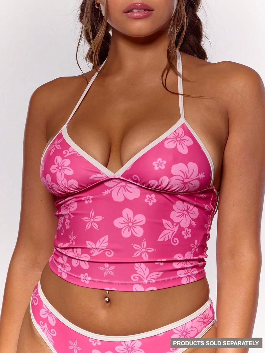 Musera Resort Top de bikini de corte largo con cuello de halter, estampado de flores tropicales y borde de color contrastante. Solo top coord para vacaciones de verano, vacaciones de primavera, playa, fiesta en Ibiza, marea y líneas de bronceado - Multicolor - Ver 1