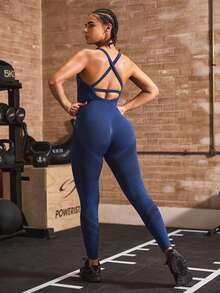 Powerista Camisole Style Cropped Leg Backless Line Decor Sports Jumpsuit Sleeveless Pants Women's Contrast Color High Waist Athleisure Gym Navy Blue - Navy Blue - View 4