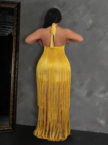 Maweii Plus Size Halter Neck Tassel Evening Gown Bodycon Yellow Performance Dress - Yellow - View 3