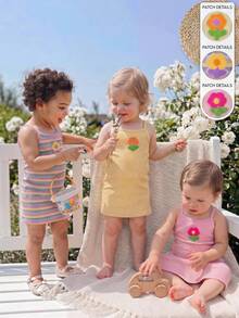 Cozy Pixies Baby Girls 3-Piece Knit Striped&Solid Floral Dress Set,Cute Vacation Style,Spaghetti Strap Fitted Suitable For Spring/Summer Outings, - Multicolor - View 1