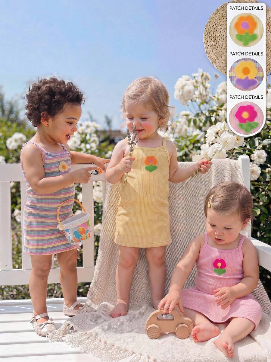 Cozy Pixies Baby Girls 3-Piece Knit Striped&Solid Floral Dress Set,Cute Vacation Style,Spaghetti Strap Fitted Suitable For Spring/Summer Outings, - Multicolor - View 1