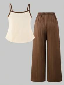 2pcs/Set Tween Girls' Casual Sweet Textured Bubble Camisole Top&Loose Wide Leg Pants Set,Brown And White,Summer,Country,Concert,Spring/Summer Outfit - Brown - View 2