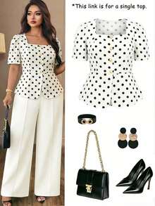 Auvina Blus Kasual Polkadot Retro Kerah Persegi Ukuran Besar, Cocok untuk Musim Semi, Pesta, Pertemuan, dan Jalan-jalan - Hitam dan Putih - View 1
