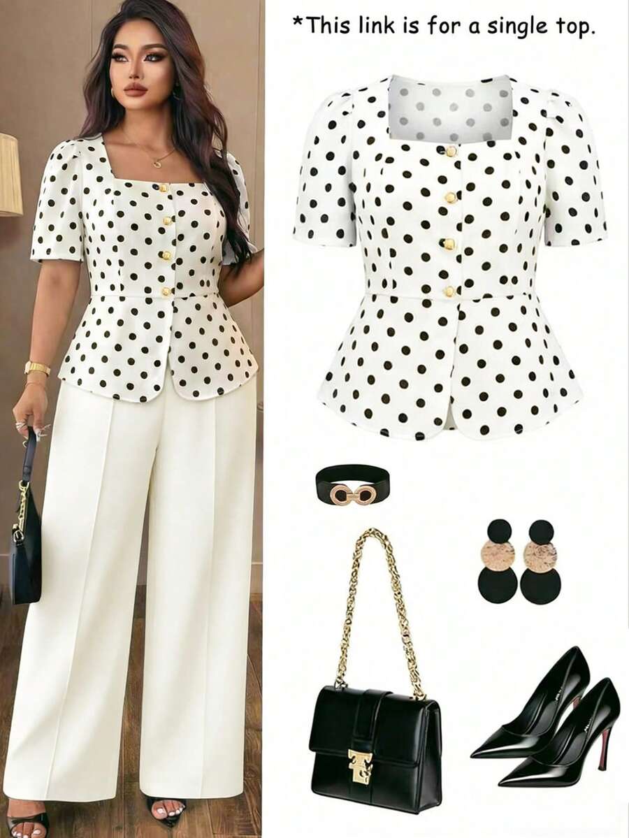 Auvina Blus Kasual Polkadot Retro Kerah Persegi Ukuran Besar, Cocok untuk Musim Semi, Pesta, Pertemuan, dan Jalan-jalan - Hitam dan Putih - View 1