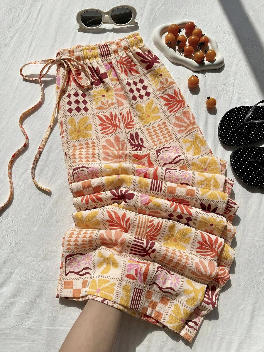 Comfortcana Spring/Summer Vacation Ocean Floral Print Casual Lace-Up Plus Size Long Pants - Multicolor - View 1