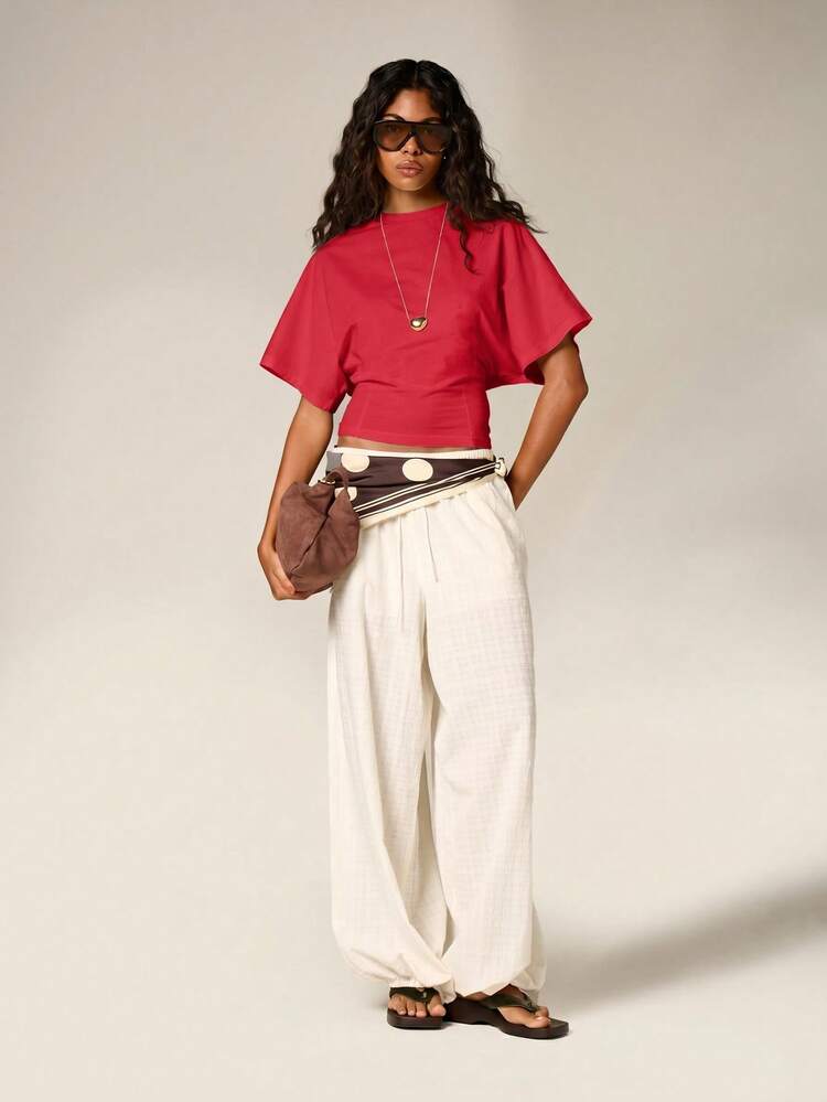 AiiRZ Ruched Cinched Crop T-Shirt With Flutter Sleeves And Fitted Waist For Summer Casual Everyday Wear - Red - View 3