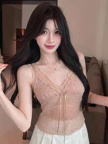 DAZY 夏季波點滿版印花紅黑波點繫帶式吊帶背心 熱辣性感度假風雪紡女款背心上衣 約會之夜 - 粉色 - 查看 6