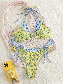 Swim Vcay 2件組豹紋層次掛脖性感熱帶風情泳衣 歐美風 夏季度假海灘船趴黃色 - 彩色 - 查看 6