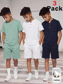 SHEIN 3件裝青少年男孩半袖T恤，飾有裝飾性木製鈕扣與紋理面料，藍色、綠色、白色，適合夏季休閒出遊、運動、度假、上學，百搭百用 - 彩色 - 查看 5