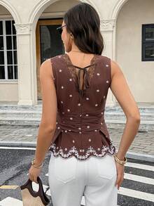 Serisse 女款對比蕾絲花卉圖案腰部打褶無袖上衣 - 棕色 - 查看 3
