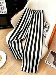 Franclia Plus Size Spring/Summer Casual Vacation Brown & Blue Striped Straight Leg Pants With Real Pockets Fall - Black and White - View 2