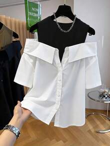 Franclia Casual Loose Round Neck Off-Shoulder Color Block 2 In 1 Short Sleeve Shirt - Black and White - View 1