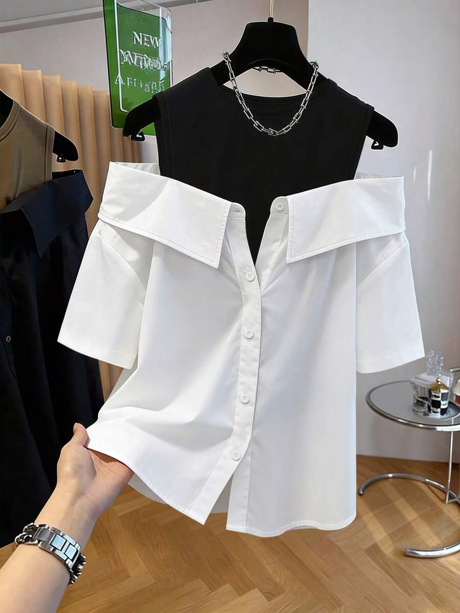 Franclia Casual Loose Round Neck Off-Shoulder Color Block 2 In 1 Short Sleeve Shirt - Black and White - View 1