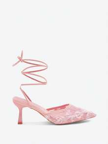 Eladyva Ladies Lace-Up Mesh Floral Closed Toe Sandals 7cm Stiletto Pointed Toe Ankle Strap High Heels, Pink Roman Style Fairy Shoes - Pink - View 4