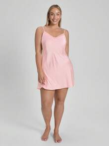 LUVLETTE Plus Size Sweet Romantic Light Pink Satin Nightgown Lace-Trimmed Camisole Sleep Dress Charming Romantic Lounge Wear Sexy Lingerie Slip Dress Pyjama - Pink - View 10