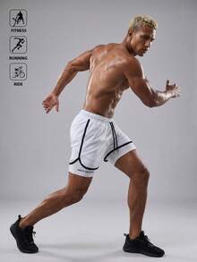 Acti Log Men's Summer Drawstring Waist Contrast Piping 2 In 1 Active Shorts, Gym Sports - White - View 4