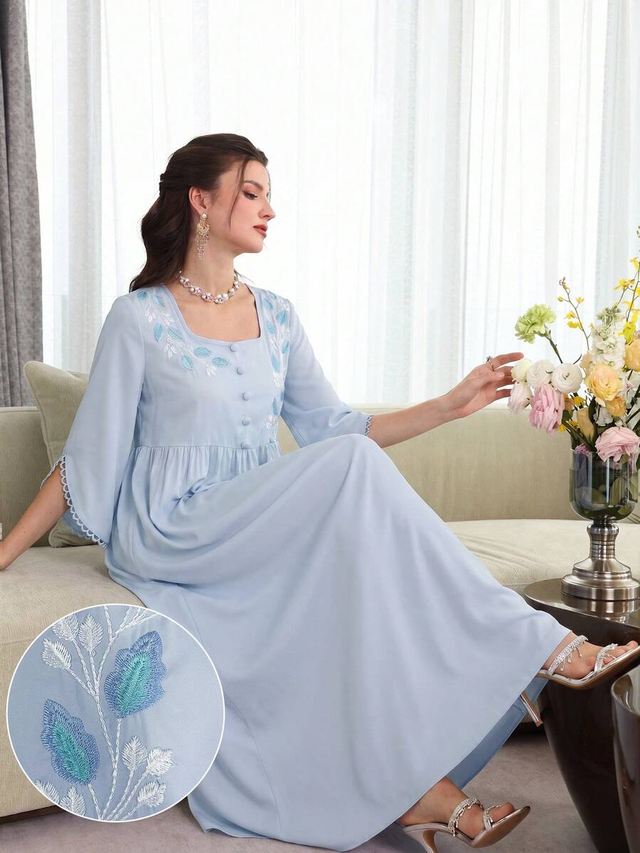 Yasmyna French Square Neck Romantic Purple Embroidered Loose Fit Youthful Long Sleeve Full Skirt Elegant Women's Dress - Blue - View 1