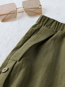 Linhara CURVE Pantalones rectos de unicolor para mujer de talla grande, con botones laterales y bolsillos, pantalones de verano de algodón y lino - Verde militar - Ver 7