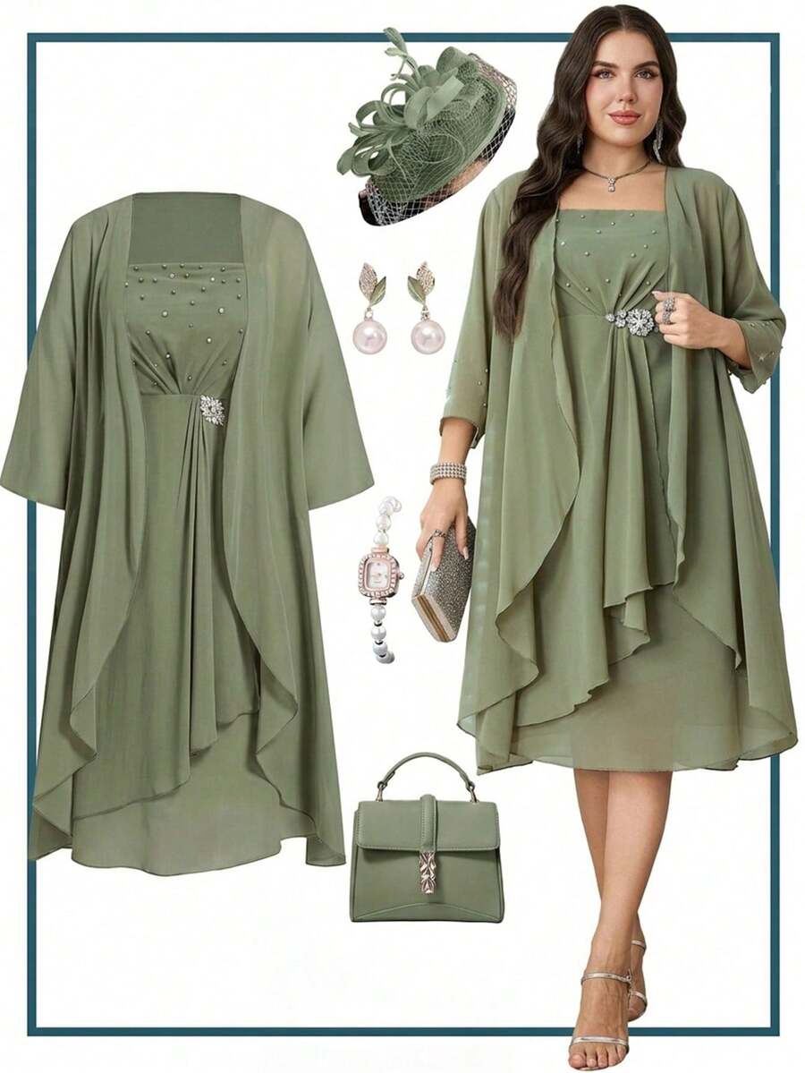 Ellevyn Plus Size Women's Rhinestone Decorated Pleated Dress And Solid Color Asymmetrical Jacket Elegant Set - Blue - View 1