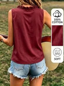 EMERY ROSE Women's Solid Color Ruffle Trim V-Neck Casual Elegant Sleeveless Blouse Vacation Burgundy Red Summer Brunch Date - Burgundy - View 2