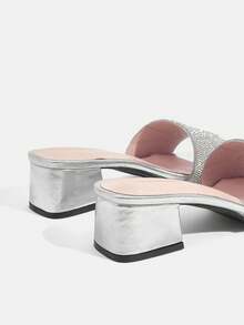 CUCCOO TILAWA Women Shoes Slip-On Design Square Heel Silver Rhinestone Upper High Heel Sandals Suitable For Parties, Daily Wear, Evening Wear, Heightening And Elongating Legs Summer - Silver - View 5