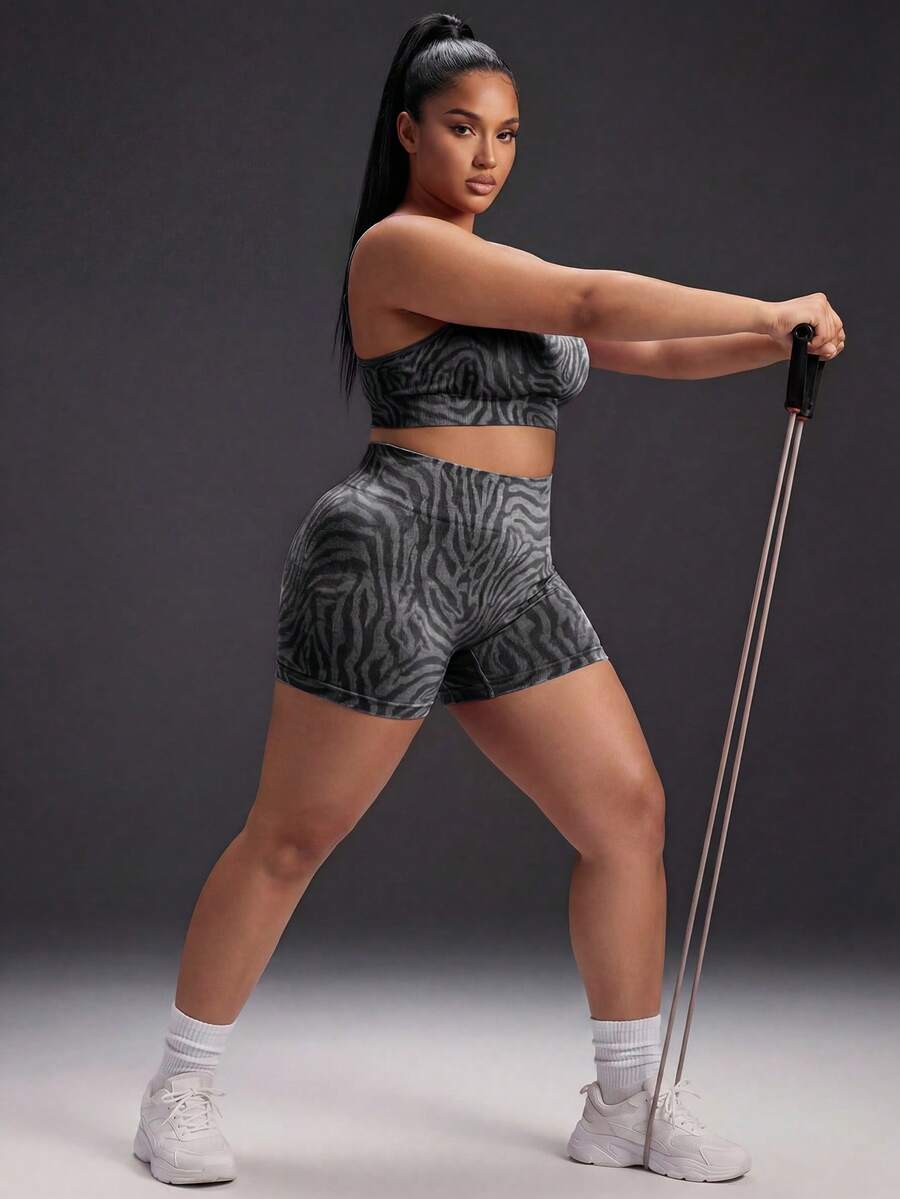 Powerista Ensemble de sport femme sans couture grande taille avec débardeur et short imprimé zèbre - Gris - Voir 1