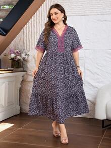 Lacomfia Summer Multicolor Print Patchwork Dark Purple Lace Trim Casual Elegant Plus Size Women's Dress Party - Multicolor - View 5