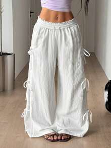 Coolane Women's Autumn Vacation Casual Vintage Boho Daily Wear Cotton Comfortable Straps White Baggy Pants Vacation Outfits Women White Pants - White - View 6