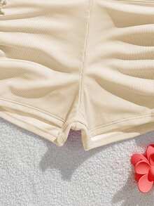 SHEIN Set Baju Renang Remaja Perempuan Minimalis Modis Warna Polos Manis dengan Konektor Cincin - Krem - View 5