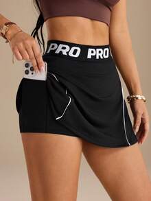 SHEIN Sports 女款運動裙褲，字母提花彈性腰帶，黑白A字版型側開衩，附手機口袋，適合戶外運動 - 黑與白 - 查看 5