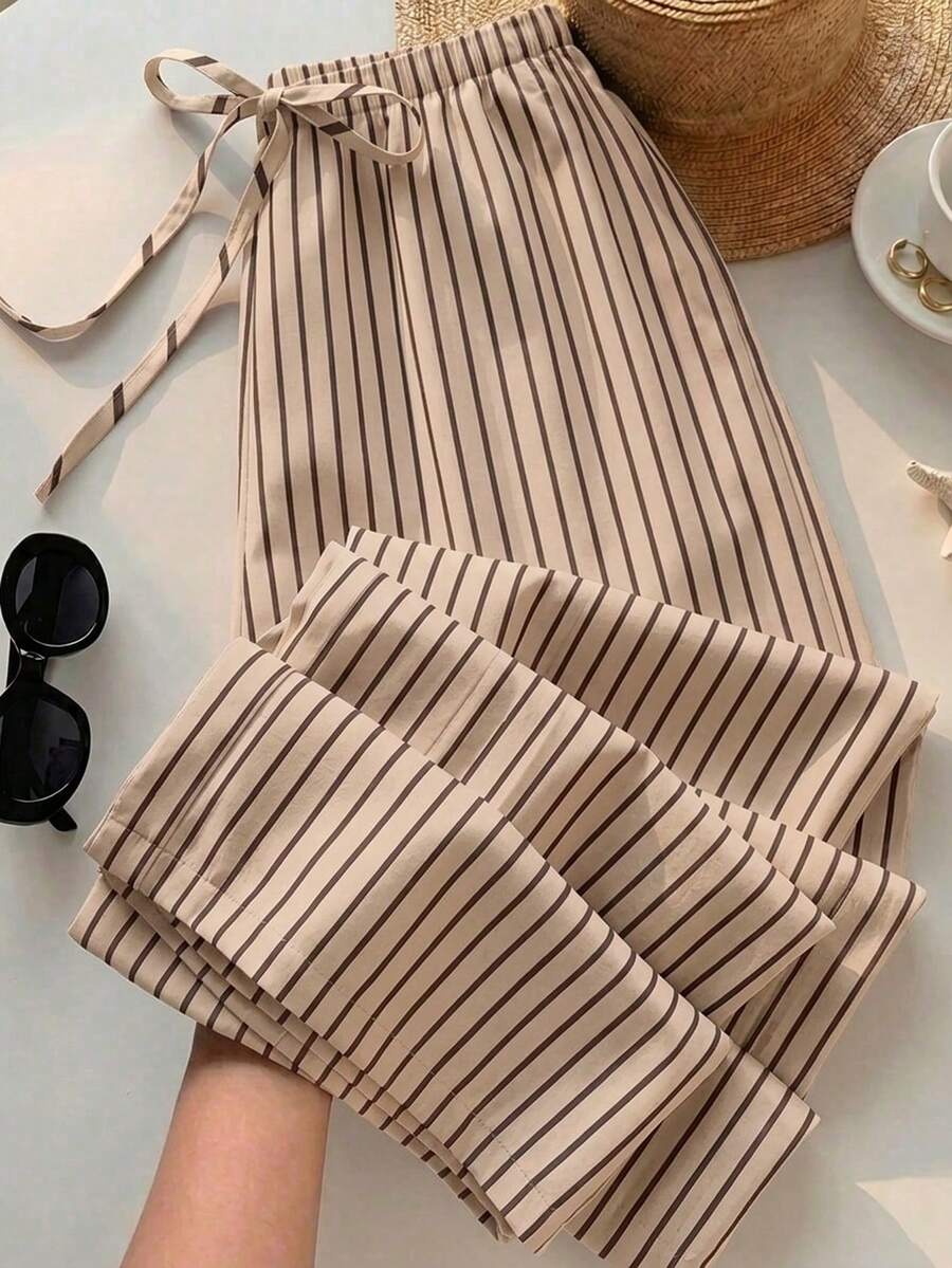 SHEIN EZwear Women's Casual Waist Tie Straight Leg Pants Suitable For Summer - Multicolor - View 1